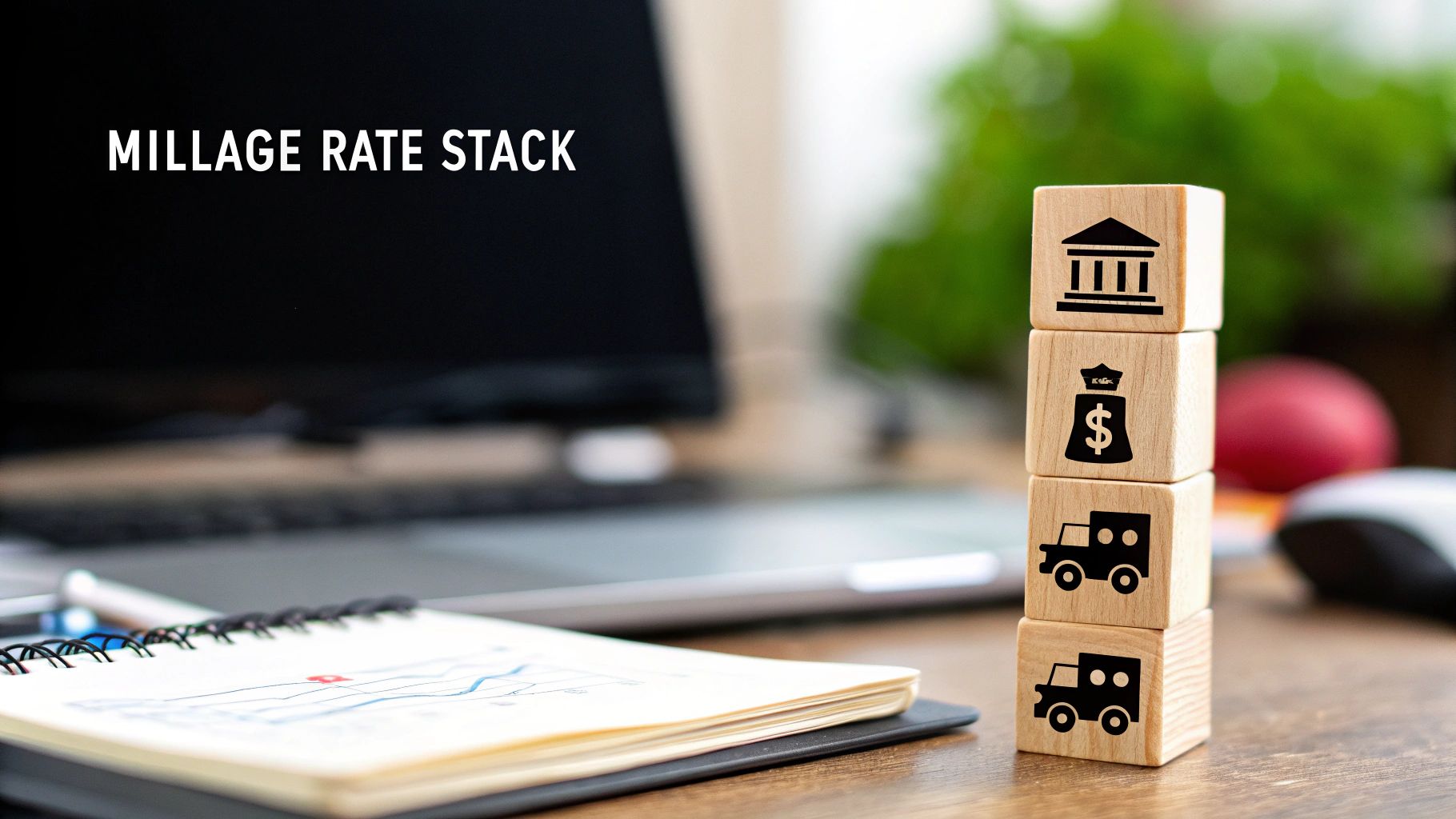 Millage Rate Stack sign next to wooden blocks representing government, money, and vehicles.