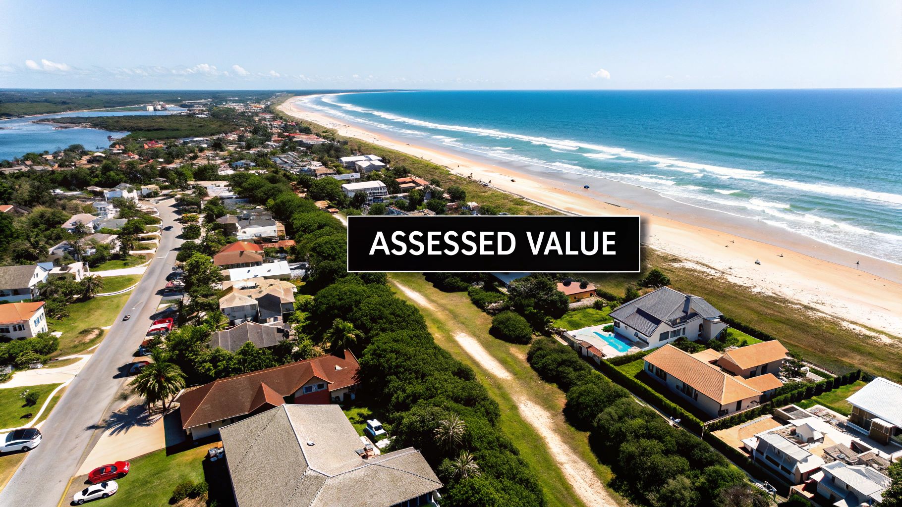 Aerial view of a coastal town with houses, a beach, the ocean, and 'ASSESSED VALUE' text.
