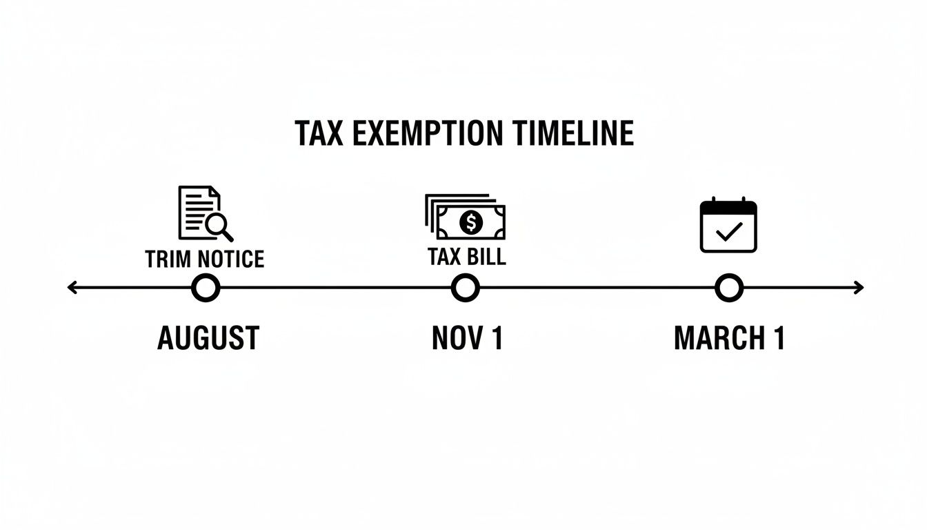 Timeline illustrating key dates for tax exemptions: TRIM notice in August, tax bill on Nov 1, and March 1 deadline.