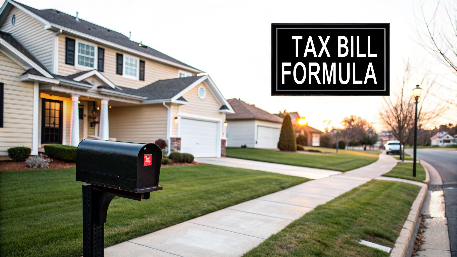 Suburban homes at sunset with a mailbox and a prominent sign indicating 'TAX BILL FORMULA'.